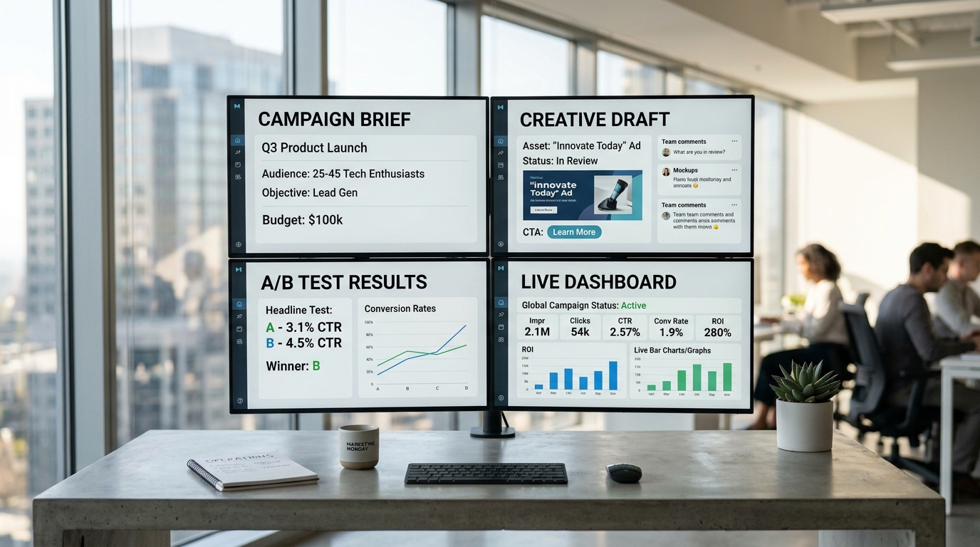 Conceptual diagram or interface screenshot of ROAS Suite, illustrating AI-generated image and video ad creation for ecommerce campaigns.