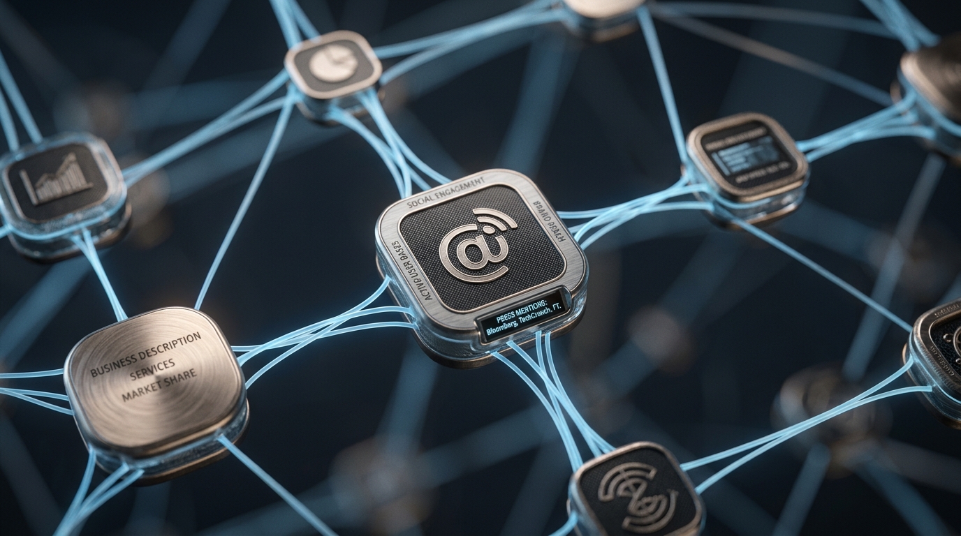 Illustration depicting artificial intelligence processing various digital signals to form an opinion about a brand's online presence.