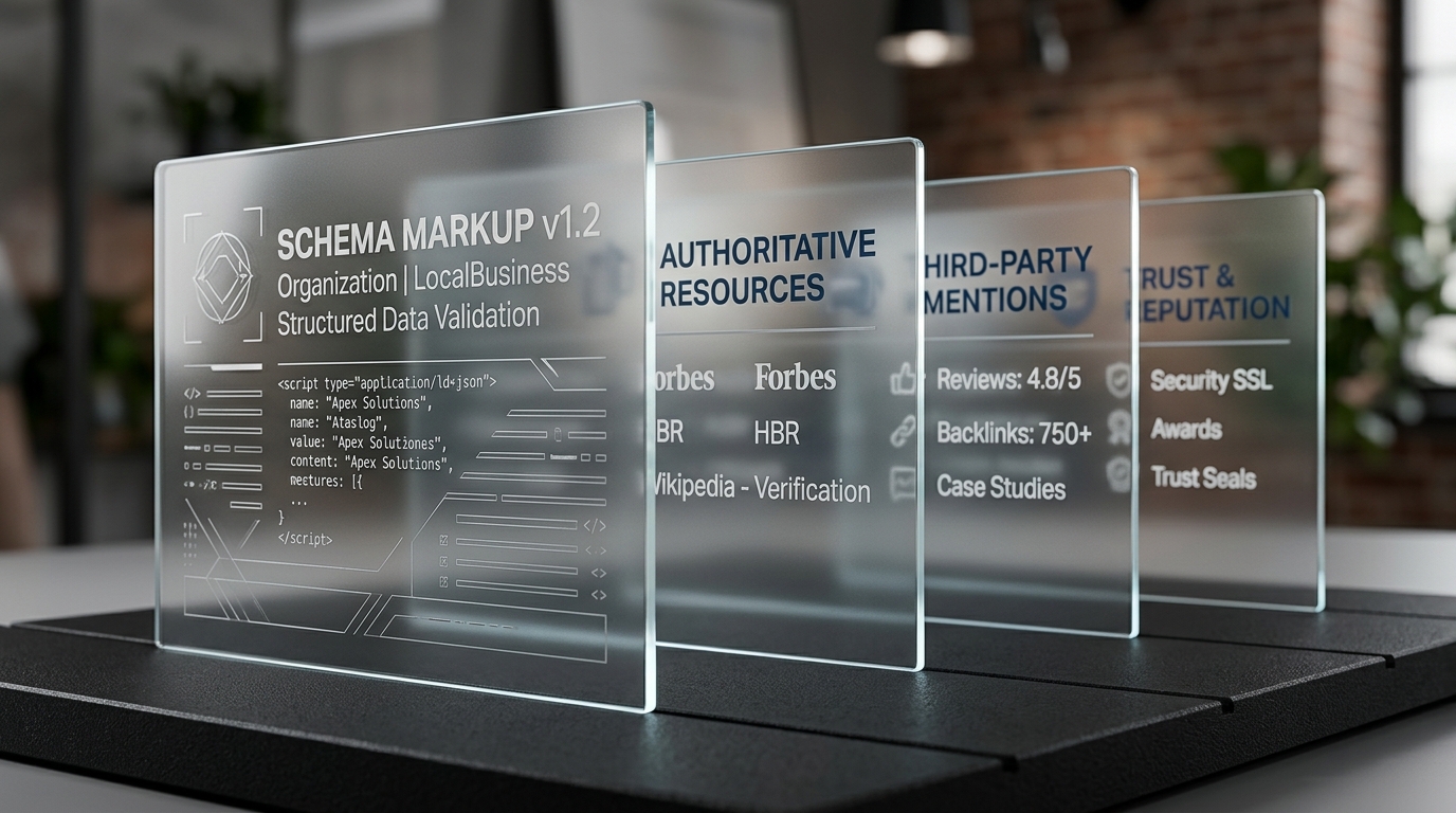 Diagram showing the three core pillars of AI brand evaluation: entity signals, third-party citations, and authoritative content.
