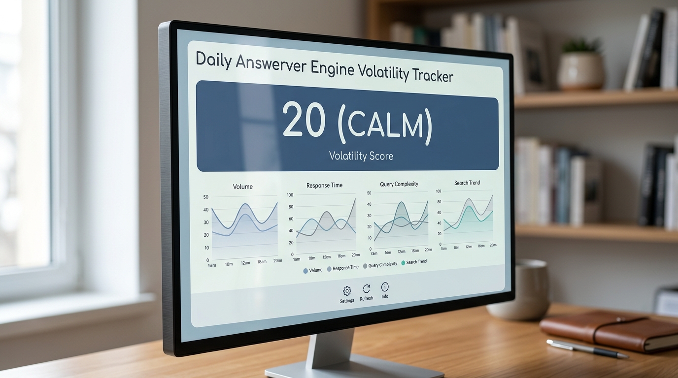 Screenshot of the HubSpot AEO Sensor dashboard displaying the daily Answer Engine Volatility Tracker with a score of 20, indicating 'Calm' fluctuations in AI visibility.