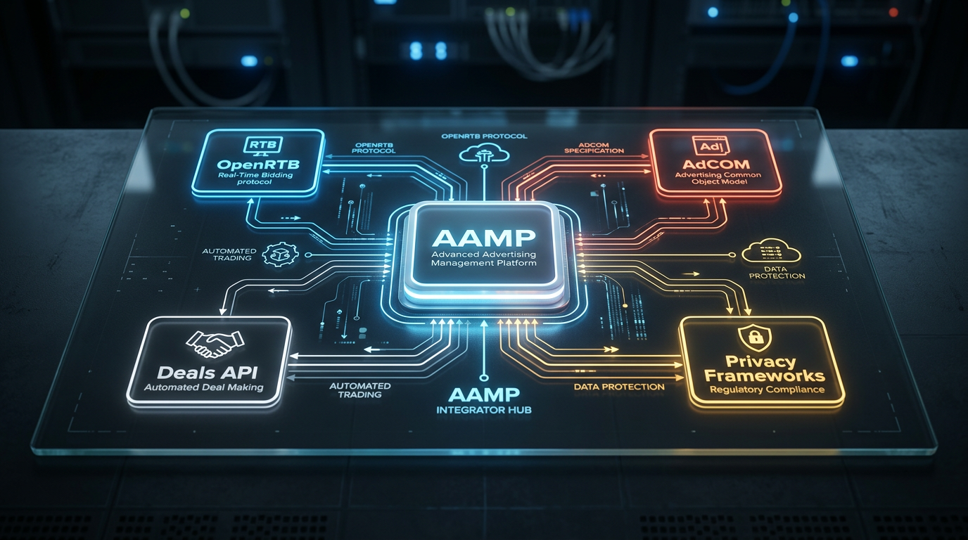 Conceptual diagram illustrating the IAB Tech Lab AAMP Framework for agentic advertising, showing interconnected protocols and AI agents.