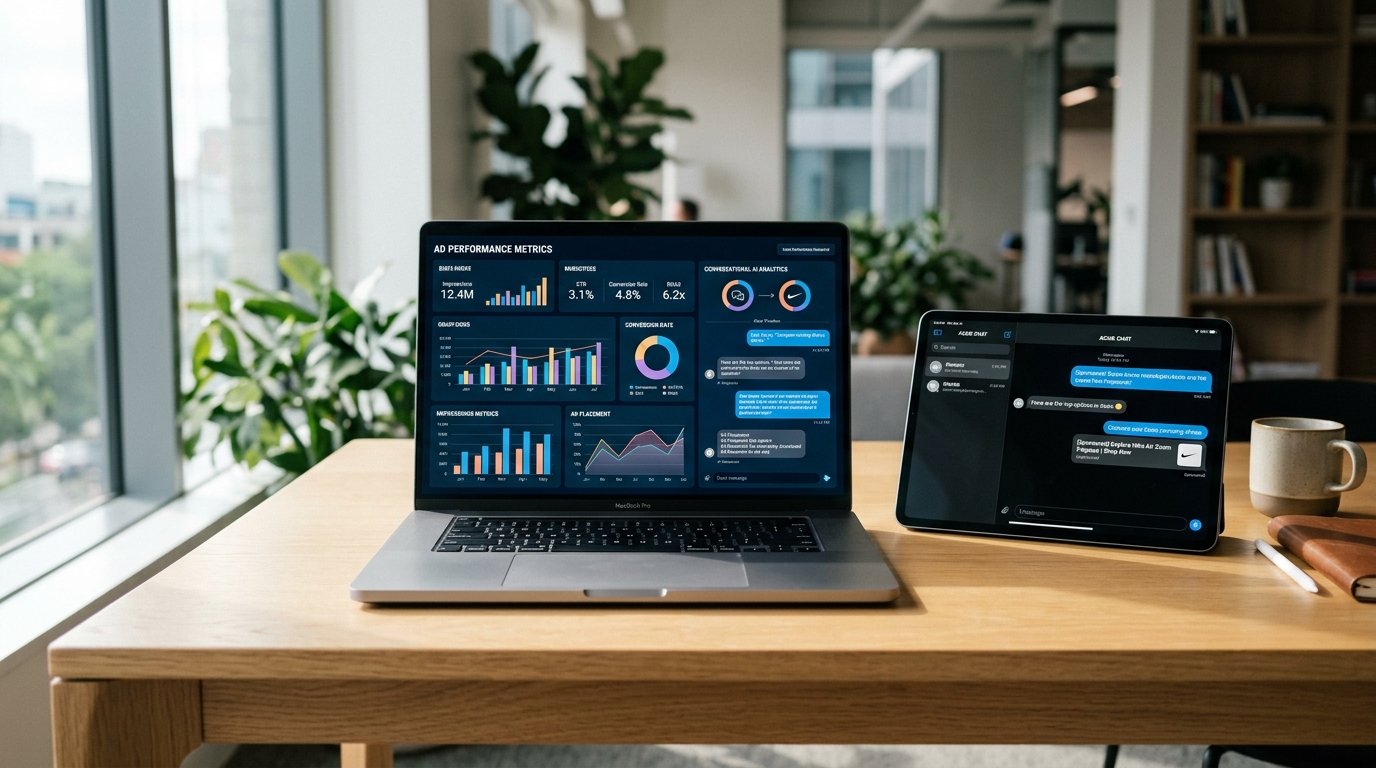 Visual representation of ChatGPT ad performance metrics, showing growth trends and user engagement within a conversational AI interface.