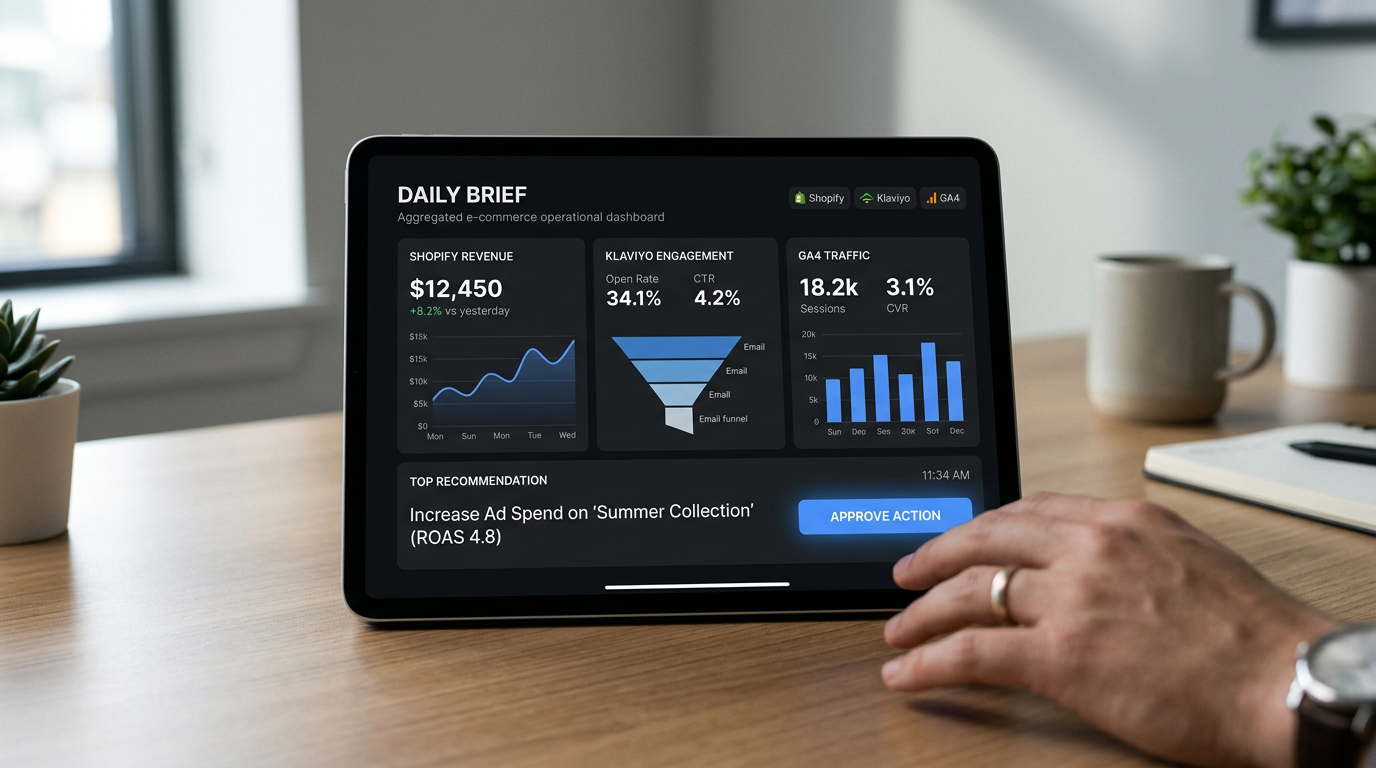 Jake Ballard's AI Operator Agent dashboard for Shopify store management, showing data integration and actionable insights.