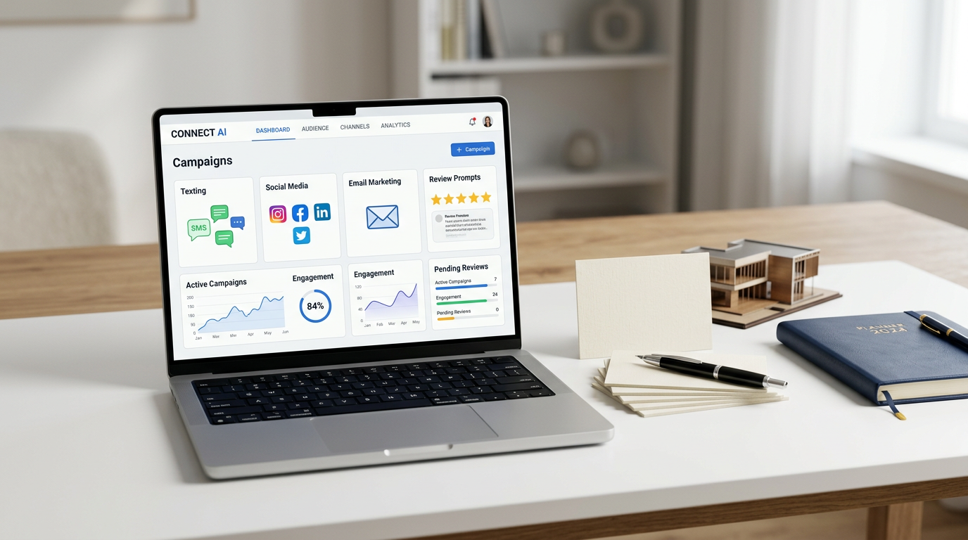 Visual representation of Levitate's AI marketing platform dashboard, showing features like email, social media, and customer engagement tools.