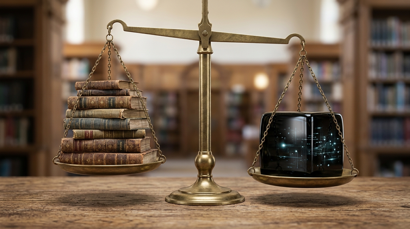 Illustration of digital data flowing into a brain-like AI model, surrounded by copyright symbols, representing the controversial AI training data.