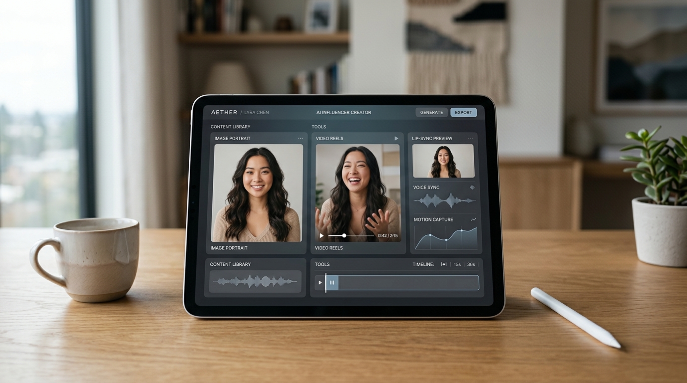 MakeInfluencer platform interface showcasing custom AI influencer creation and video generation features for ecommerce brands.