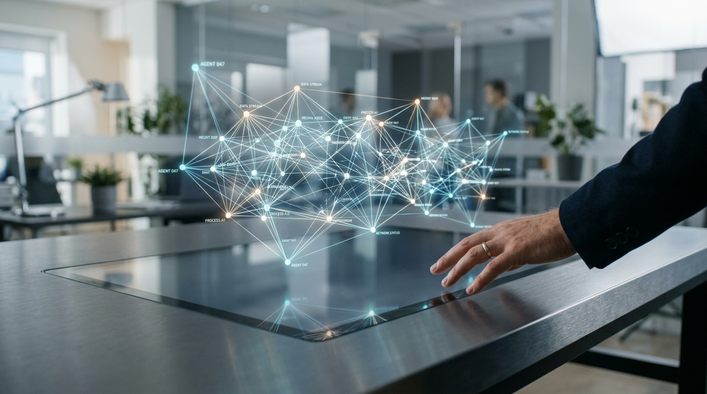 Conceptual image showing the evolution of Google Search with AI, featuring interconnected nodes representing AI agents and traditional search results.
