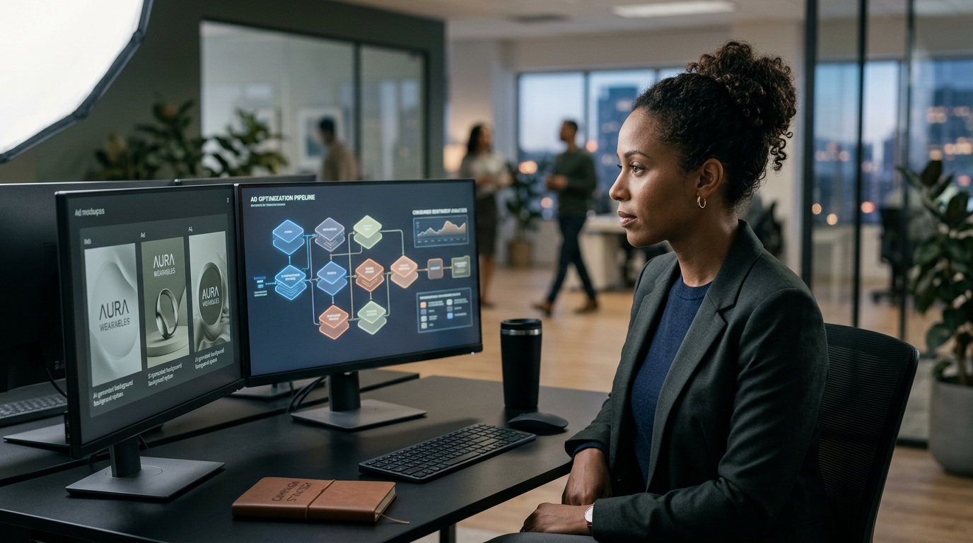 ROAS Suite AI-powered ad creative platform dashboard showing various campaign metrics and ad variations for ecommerce brands.