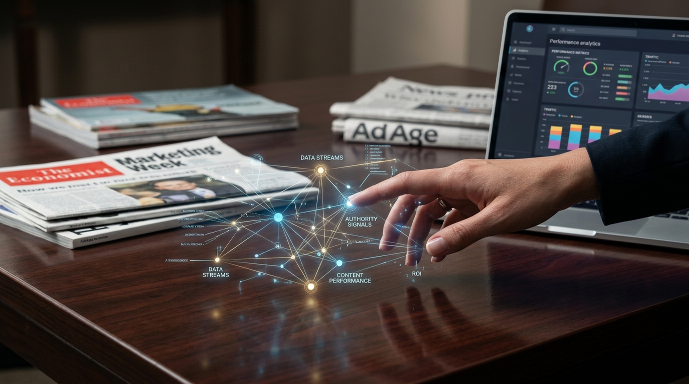 Infographic detailing the MarketingProfs report on the GEO surge, highlighting brand-media partnerships in AI-driven marketing.