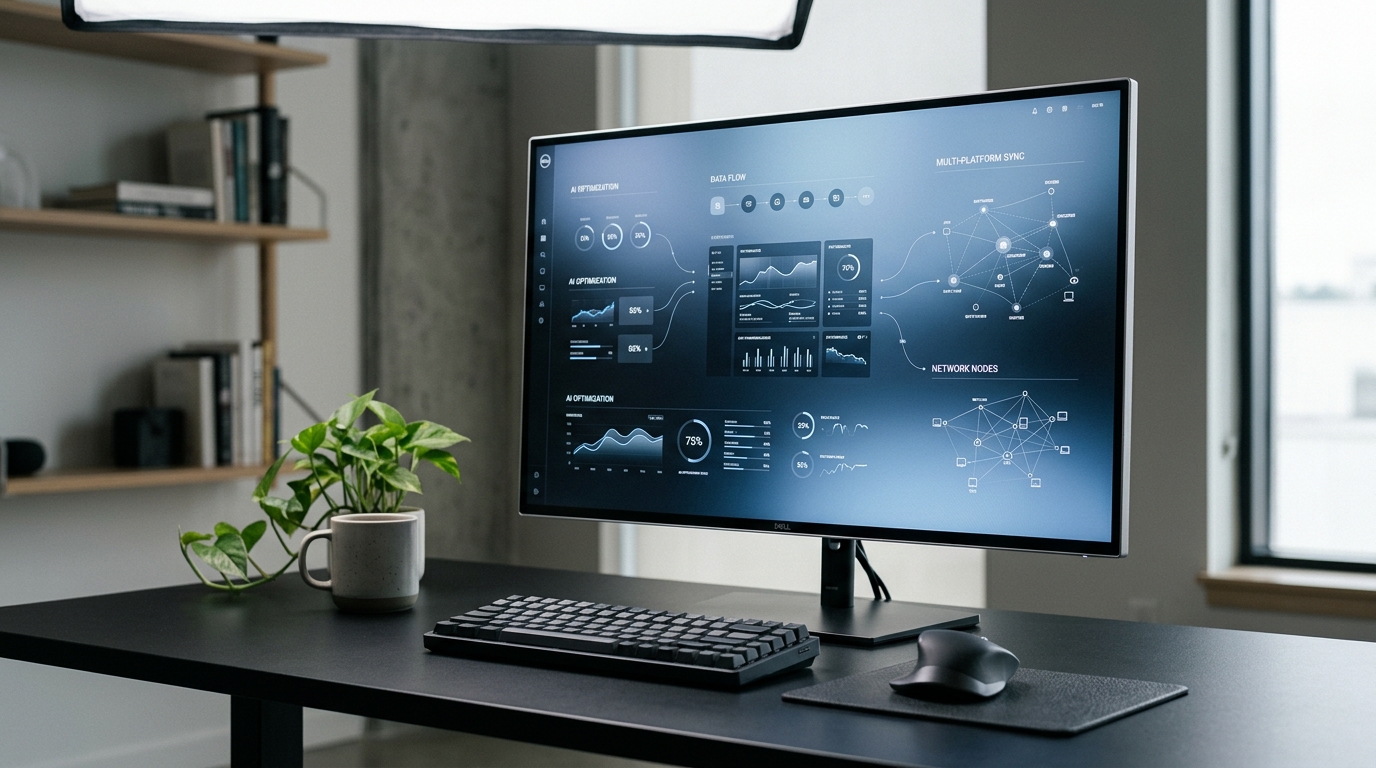 Conceptual illustration of Meta's AI systems, Andromeda and GEM, powering automated ad creation and optimization for various platforms.