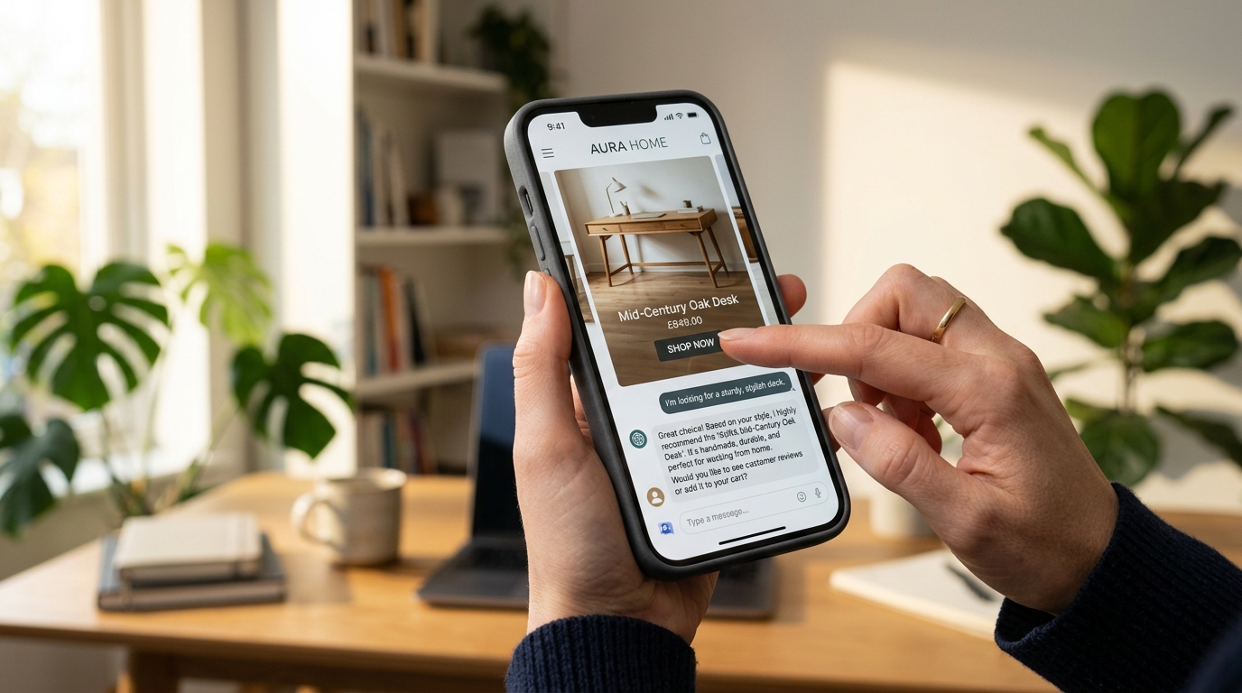 Meta Business AI agent interacting with a customer on an e-commerce website or social media ad, showcasing conversational commerce.