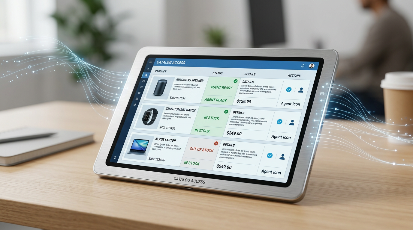 Conceptual image showing AI agents interacting with e-commerce elements, symbolizing the shift to agentic commerce and new AI tools.