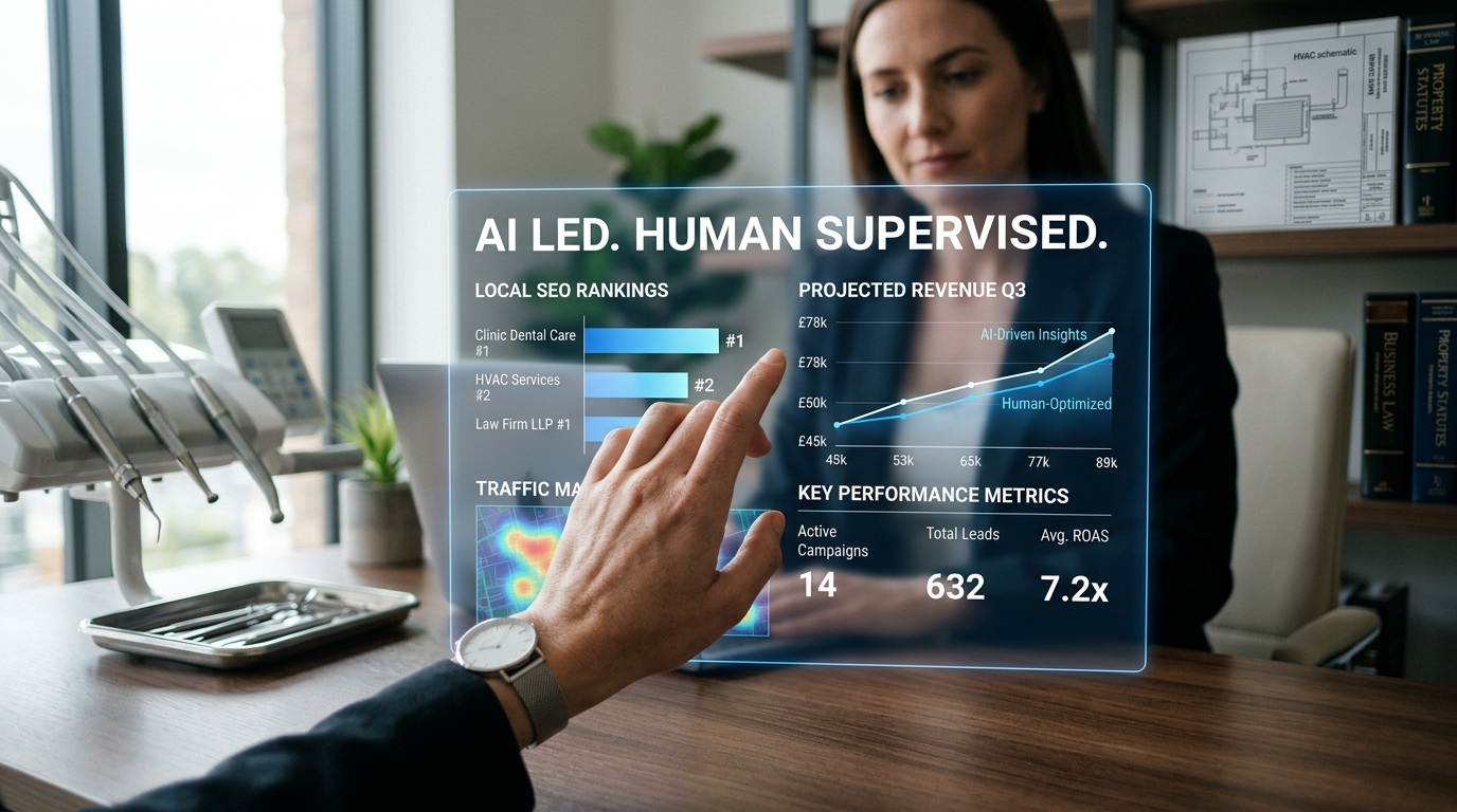 Illustration of AIuthority's comprehensive AI-powered digital marketing platform for local businesses, showing data analysis and lead generation.
