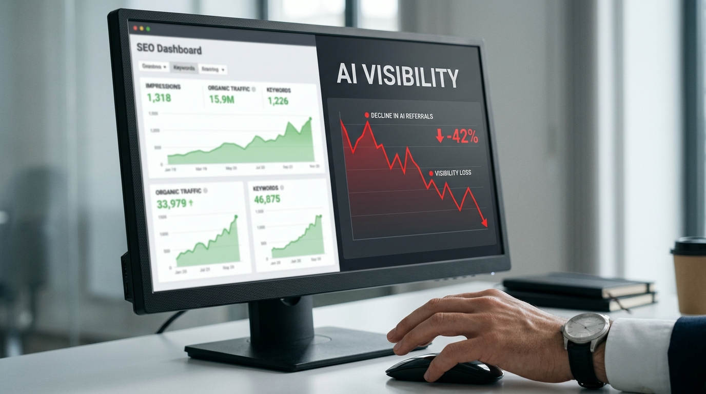 Illustration depicting the concept of AI visibility loss, showing a brand's content being overlooked in AI-generated search results.