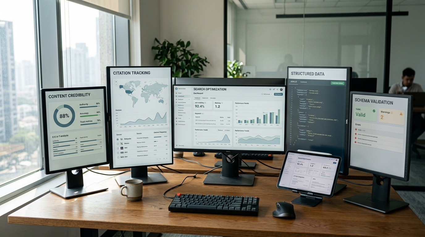 Dashboard view of a GEO platform, possibly Profound, displaying metrics for brand citations and recommendations across multiple AI search engines.