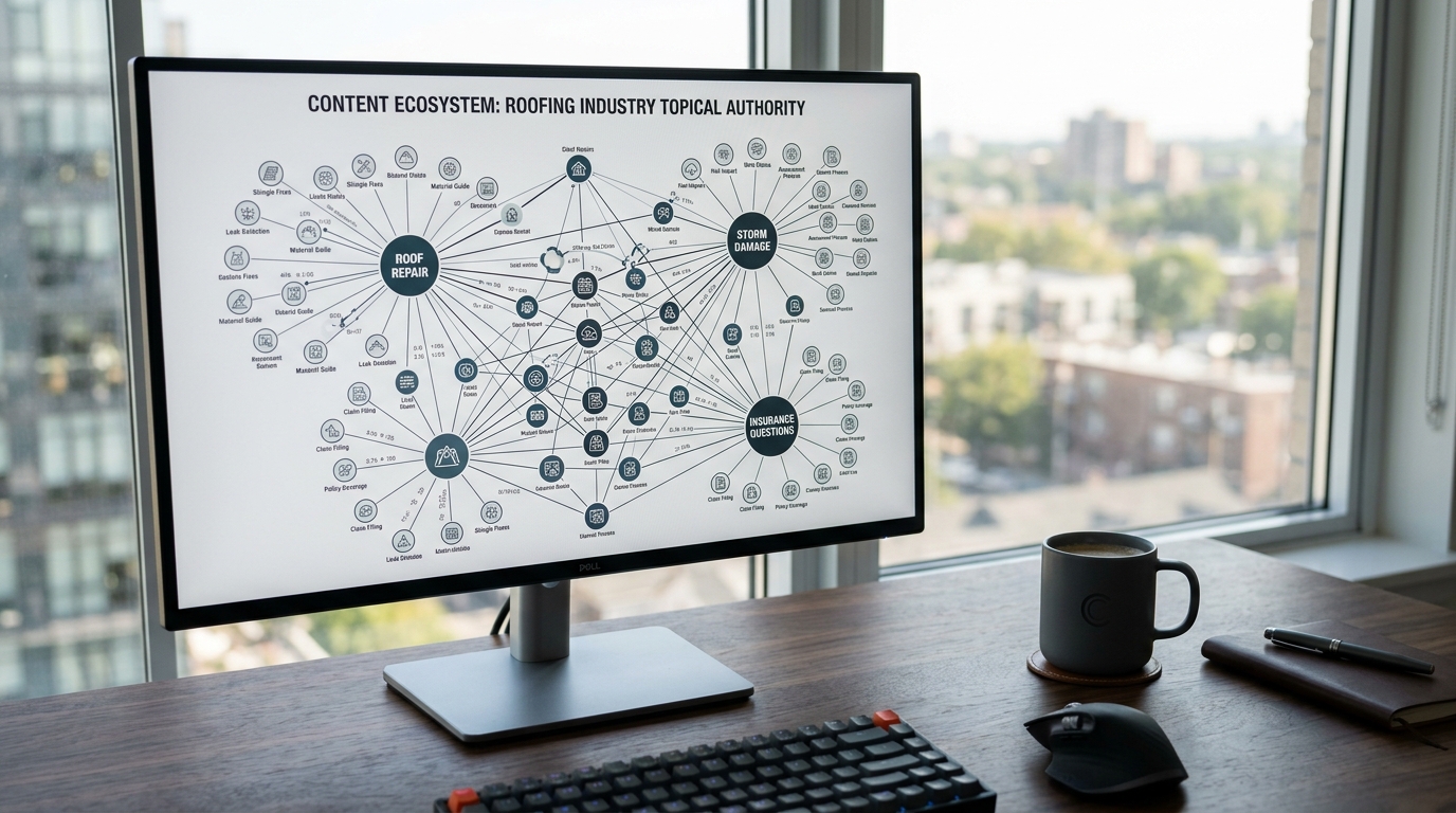 Diagram illustrating the six-part framework for building local topical authority and GEO content clusters for AI visibility.