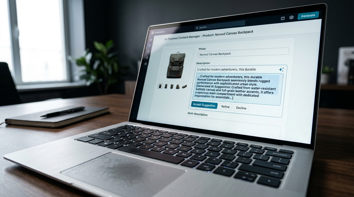 Conceptual illustration of Shopify's AI-powered ecommerce platform, showcasing integrated tools like Shopify Magic and Sidekick streamlining merchant workflows.