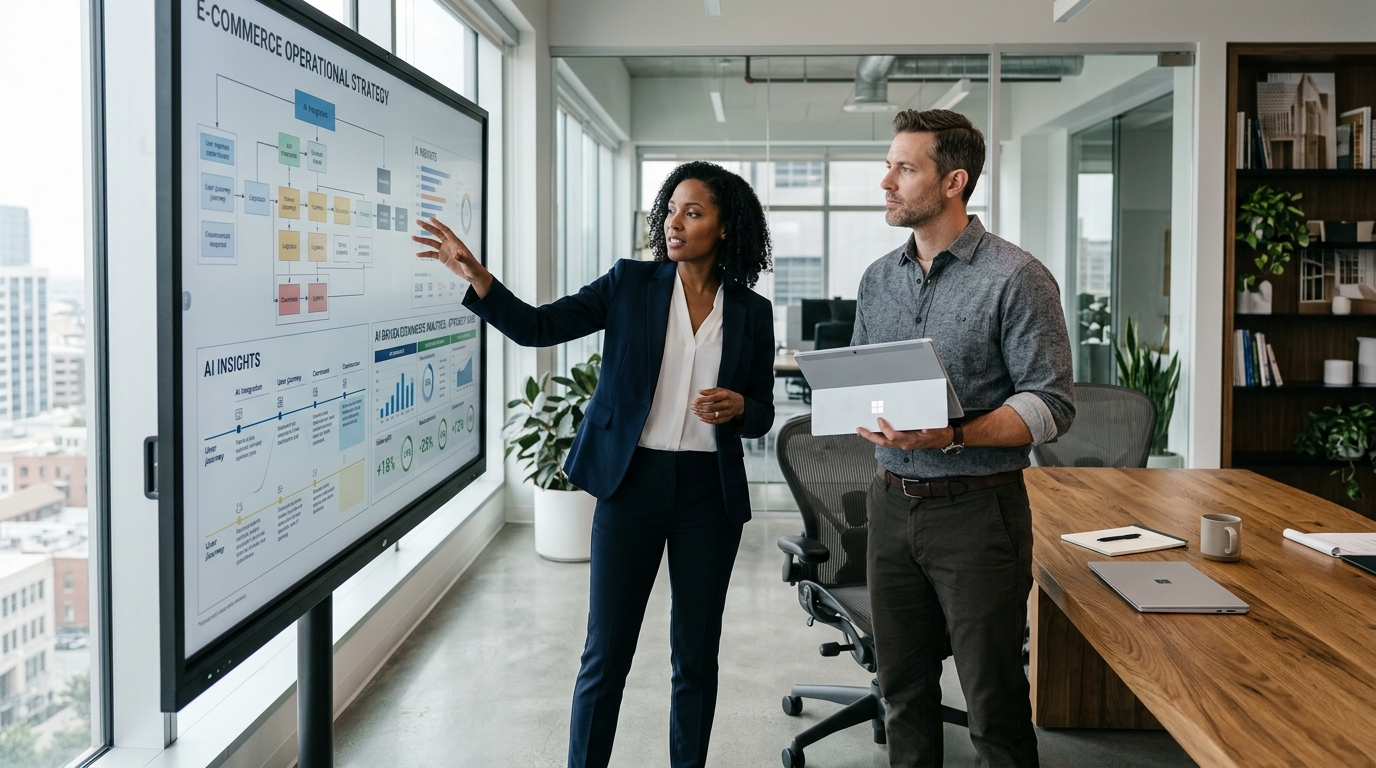 Visual representation of Shopify's AI commerce assistant, Sidekick, interacting with a merchant to analyze store data and suggest next steps for business growth.