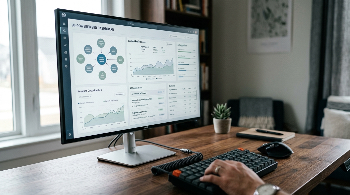 AI-driven SEO automation platform dashboard showing data analysis, charts, and digital insights for optimized search performance.