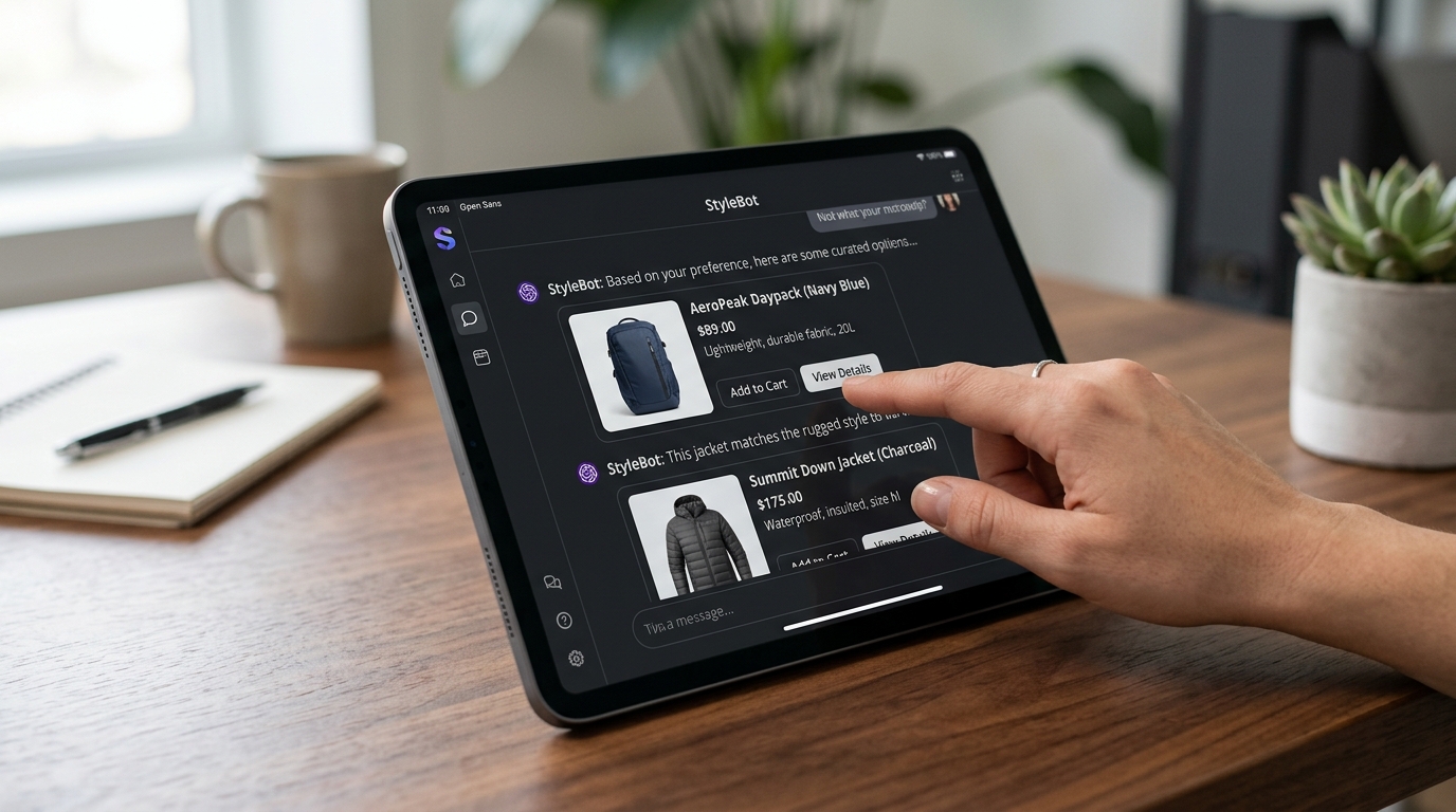 Illustration of OpenAI's ChatGPT interface displaying automated product ads from an e-commerce brand's catalog, demonstrating conversational commerce.