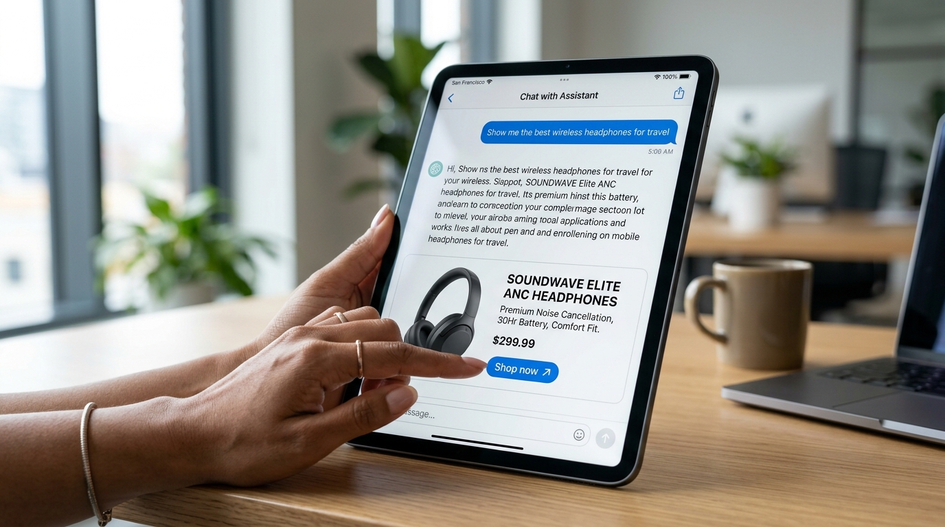 Screenshot showing an example of OpenAI's upgraded ad formats within ChatGPT, featuring a product image, title, description, and a 'Shop now' call to action button.