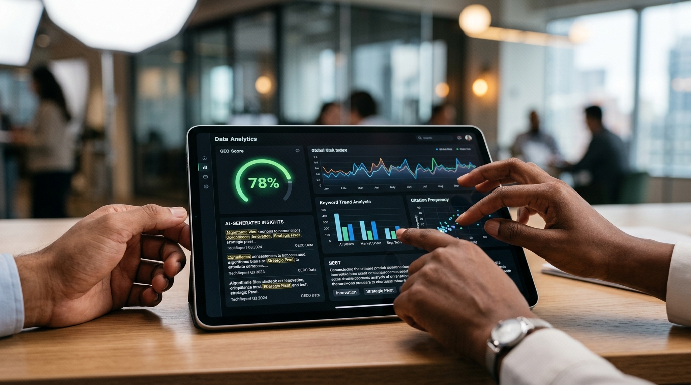PCCC GEOAnalyzer-Pro dashboard displaying Generative Engine Optimization (GEO) scores and AI visibility metrics for brand content.