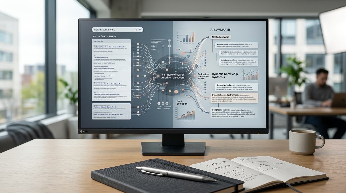 Visual representation of the digital marketing shift, showing AI search engines impacting brand discoverability and the need for in-house GEO teams.