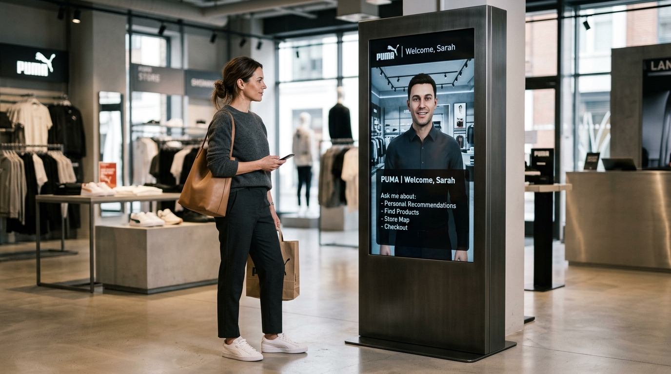 Puma's real-time AI concierge, Dylan, displayed on a large screen assisting customers in the innovative Las Vegas flagship store.