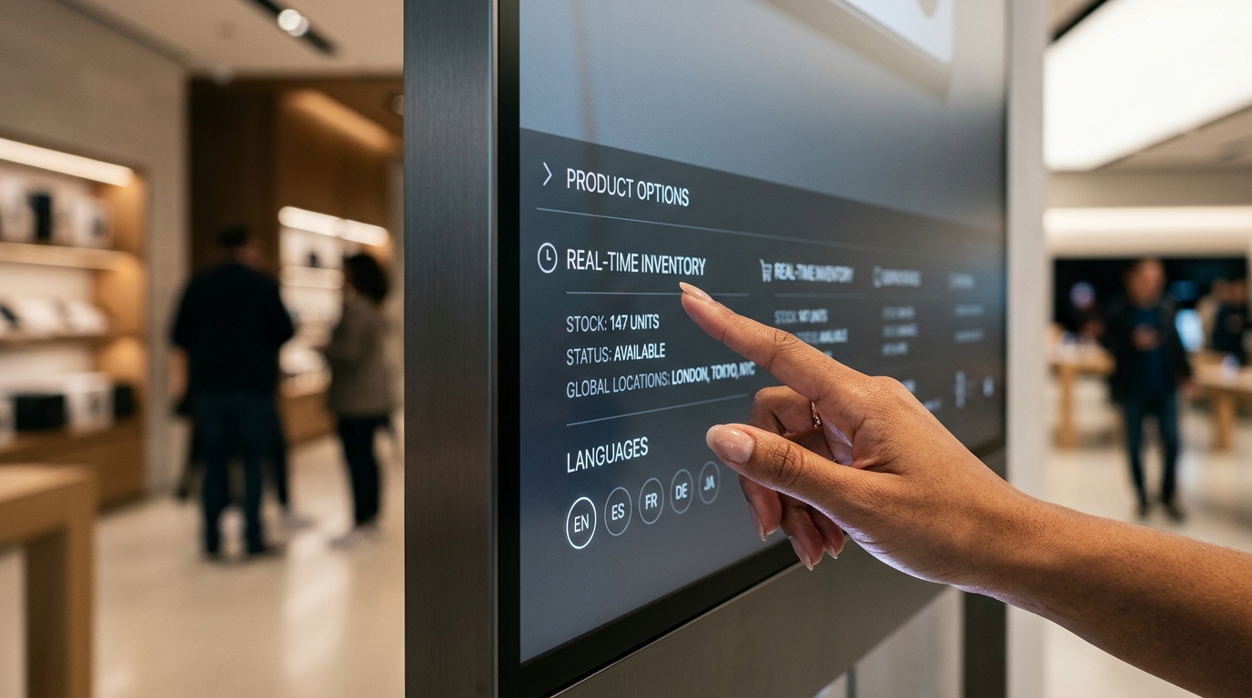 Shoppers interacting with the lifelike AI concierge Dylan at the Puma Las Vegas store, showcasing advanced retail technology.