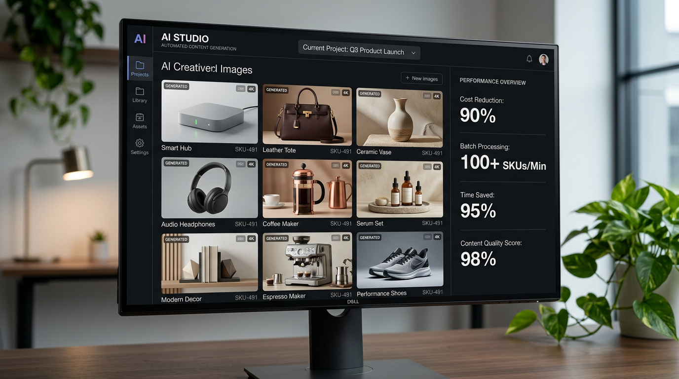 Screenshot of the ROAS Suite prompt-free AI platform interface, demonstrating its intuitive workflow for automated product photography.