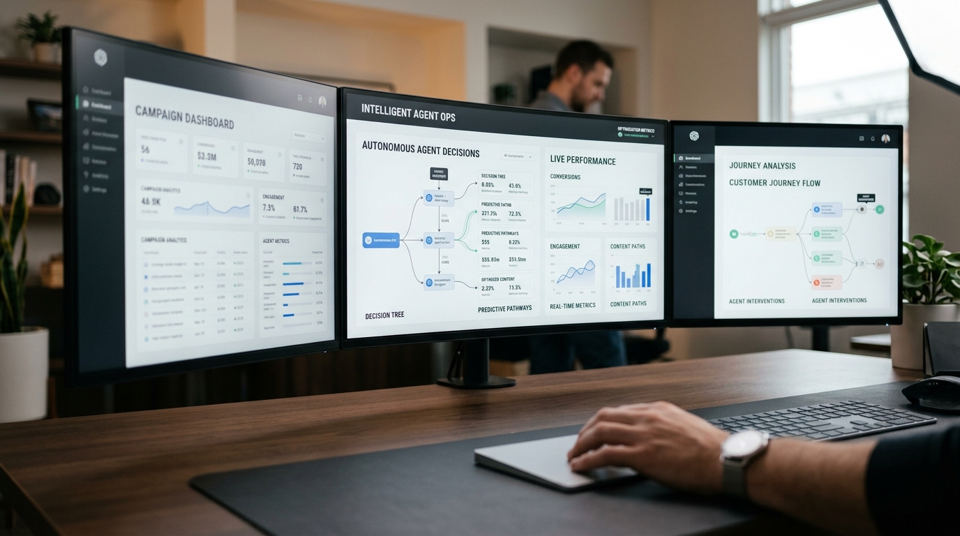 Visual representation of Salesforce's new agentic AI marketing platform, showing interconnected AI agents optimizing campaigns and customer journeys.