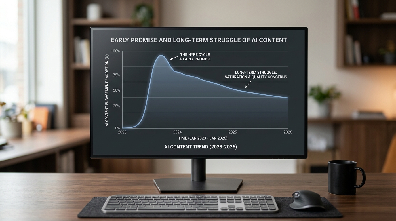Chart: Early performance of AI-generated content in Search Engine Land's study, showing initial indexing, impressions, and clicks.