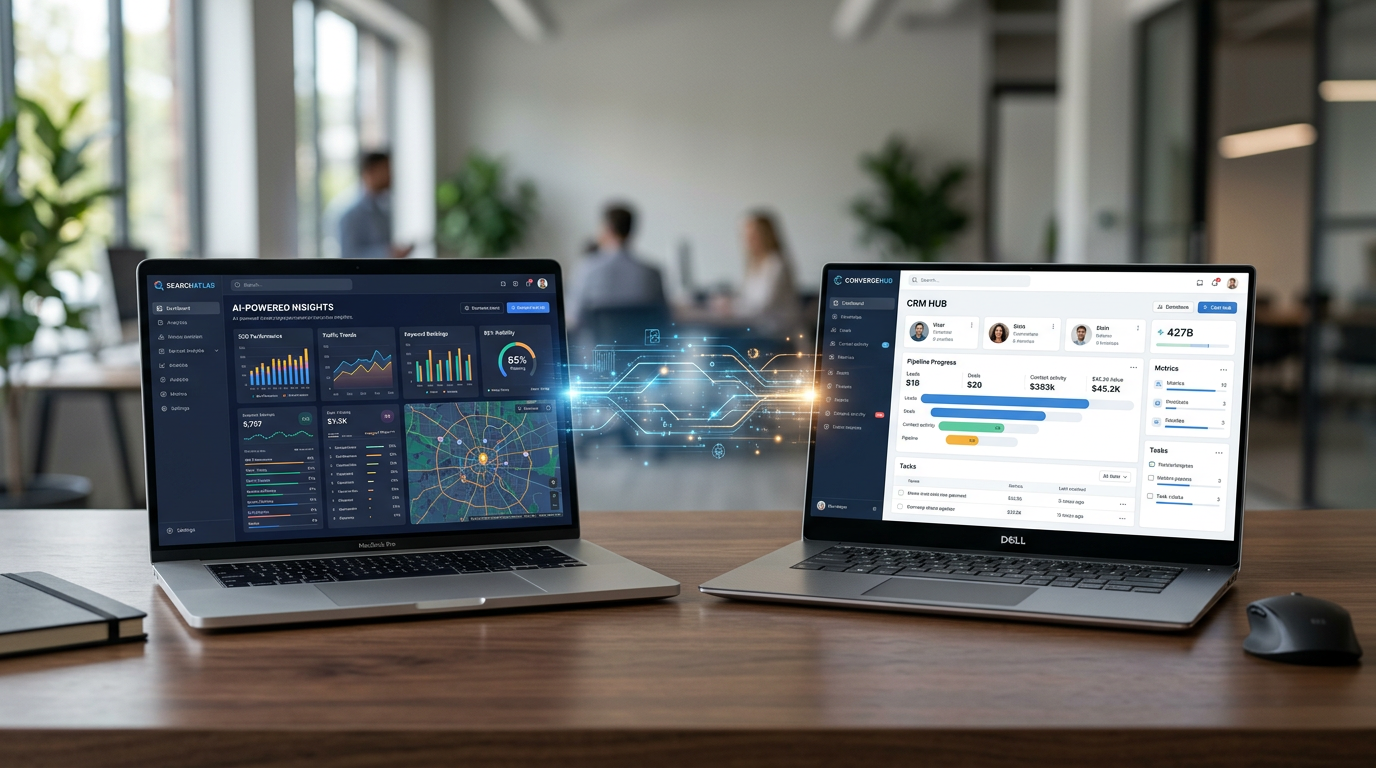 Visual representation of the SearchAtlas and ConvergeHub partnership, showing AI marketing automation connecting with CRM for streamlined workflows.