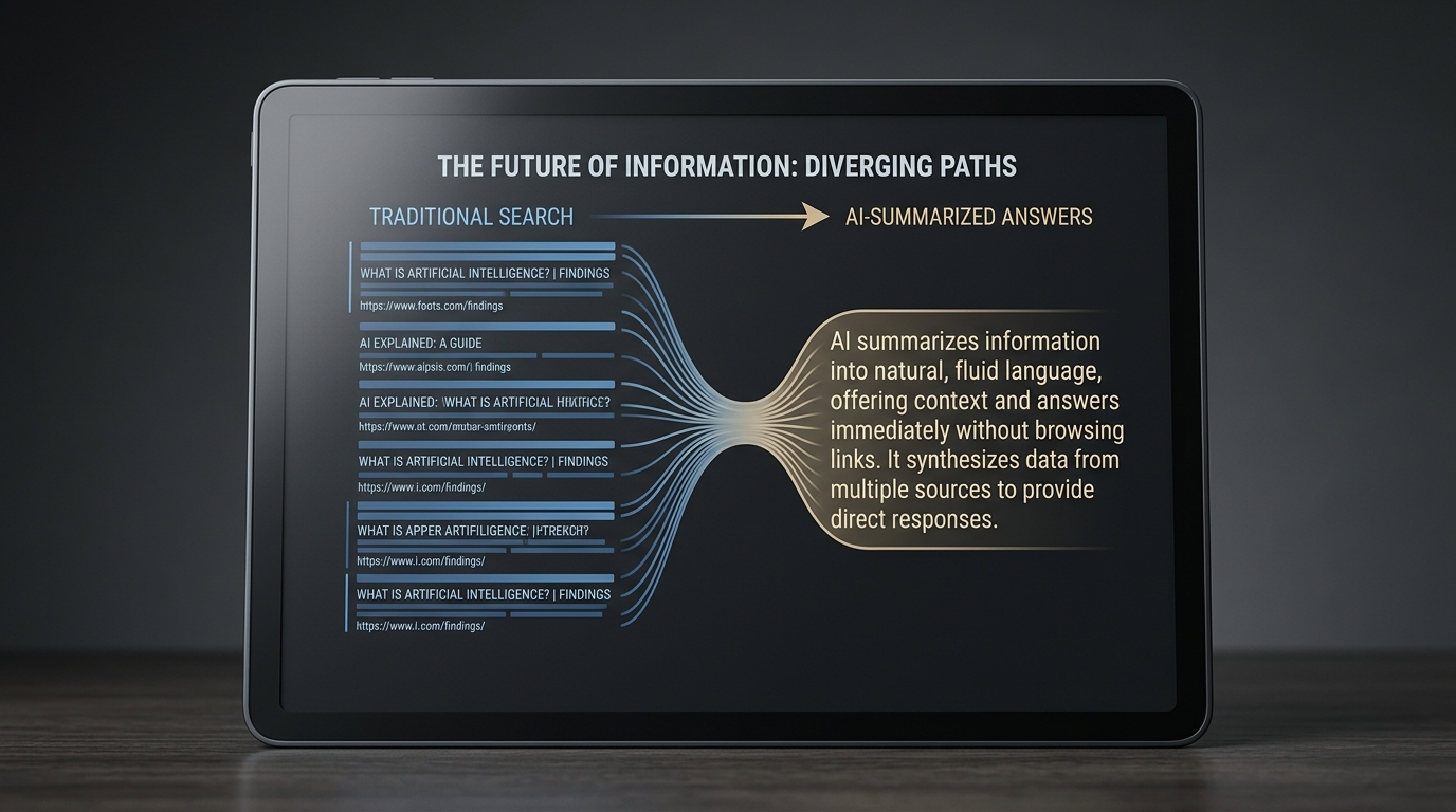 Illustration depicting the ongoing debate between traditional SEO, AEO, and GEO, with AI search results influencing content visibility.