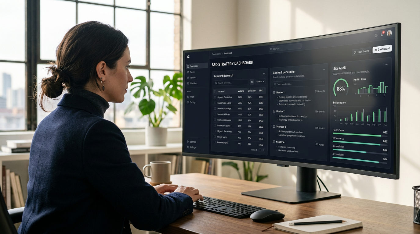 SEOBot user interface showing features like keyword research, content generation, or site auditing workflow.