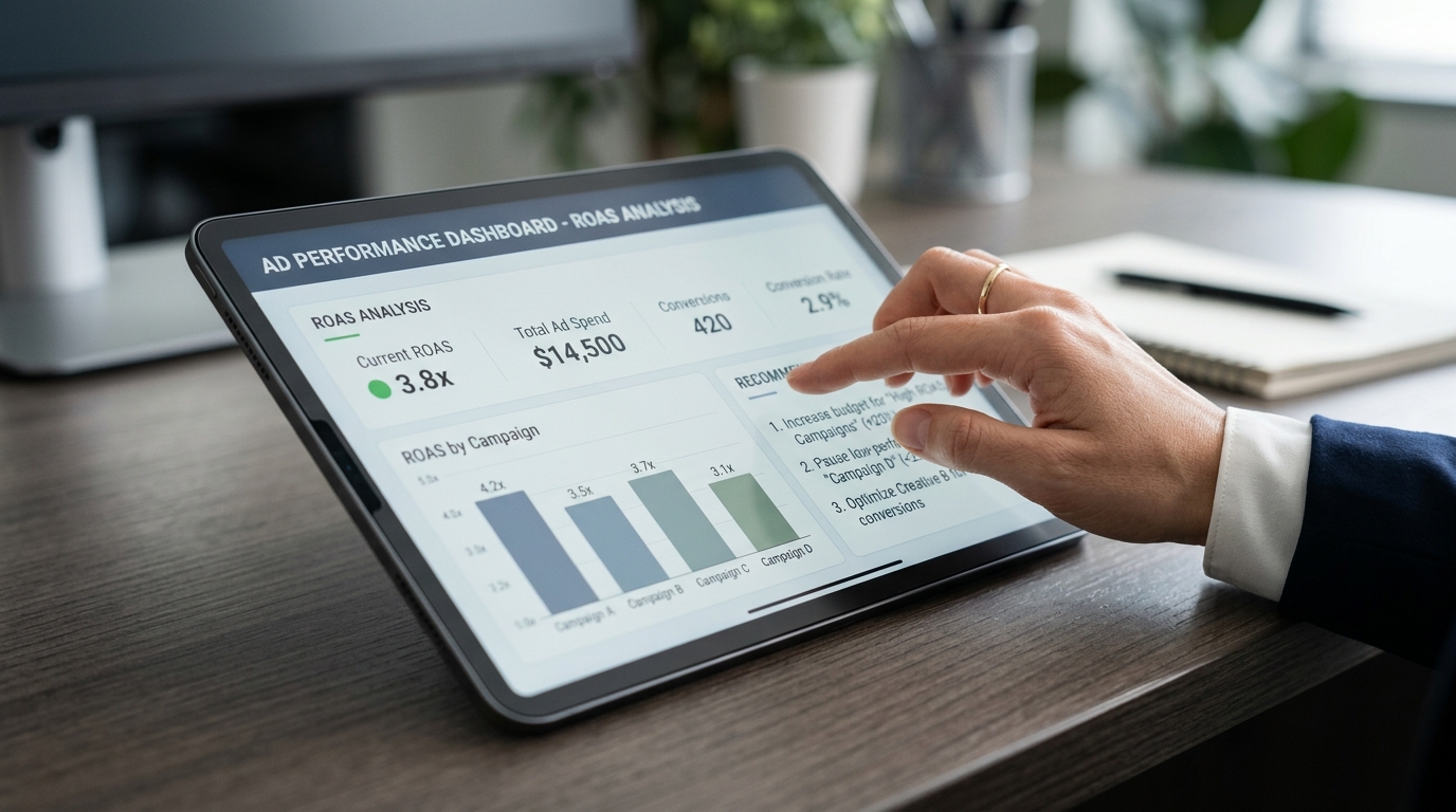 Shirofune AI Summary dashboard displaying one-click ROAS analysis and actionable recommendations for ad campaigns.