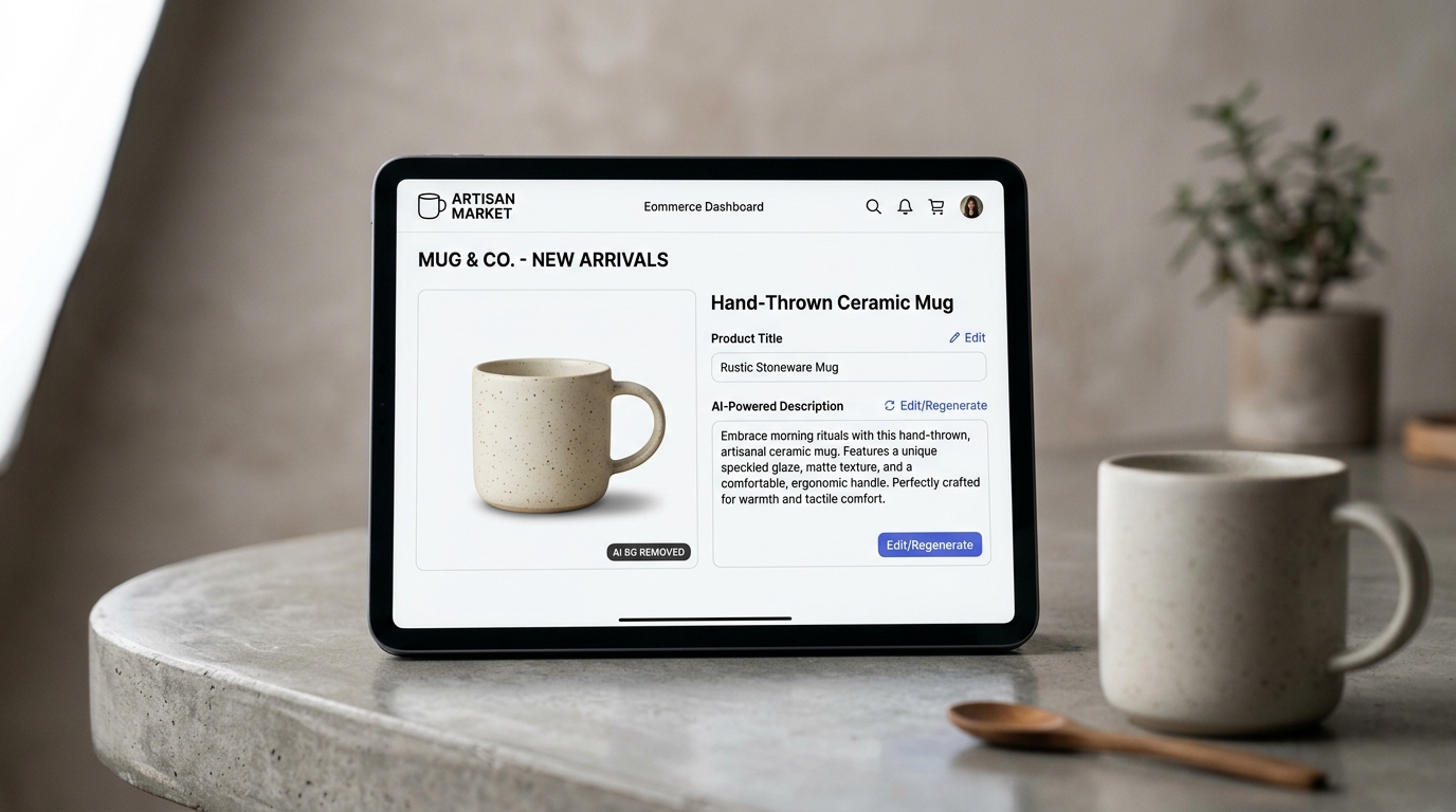 Shopify Magic interface demonstrating AI-driven tools for ecommerce merchants, enhancing product visuals and content creation.