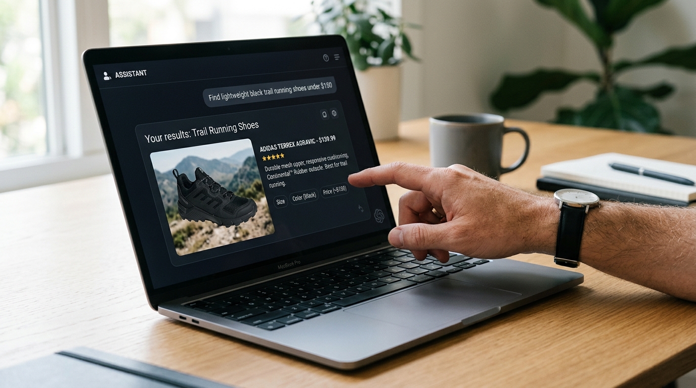 A conceptual image illustrating Shopify's AI agent updates, showing AI interacting with an ecommerce storefront and products for discovery and purchase.