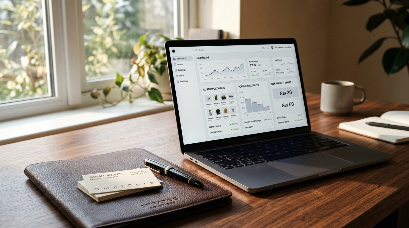 Visualizing the Universal Commerce Protocol (UCP) connecting various AI platforms and Shopify stores, symbolizing standardized AI commerce and B2B expansion.