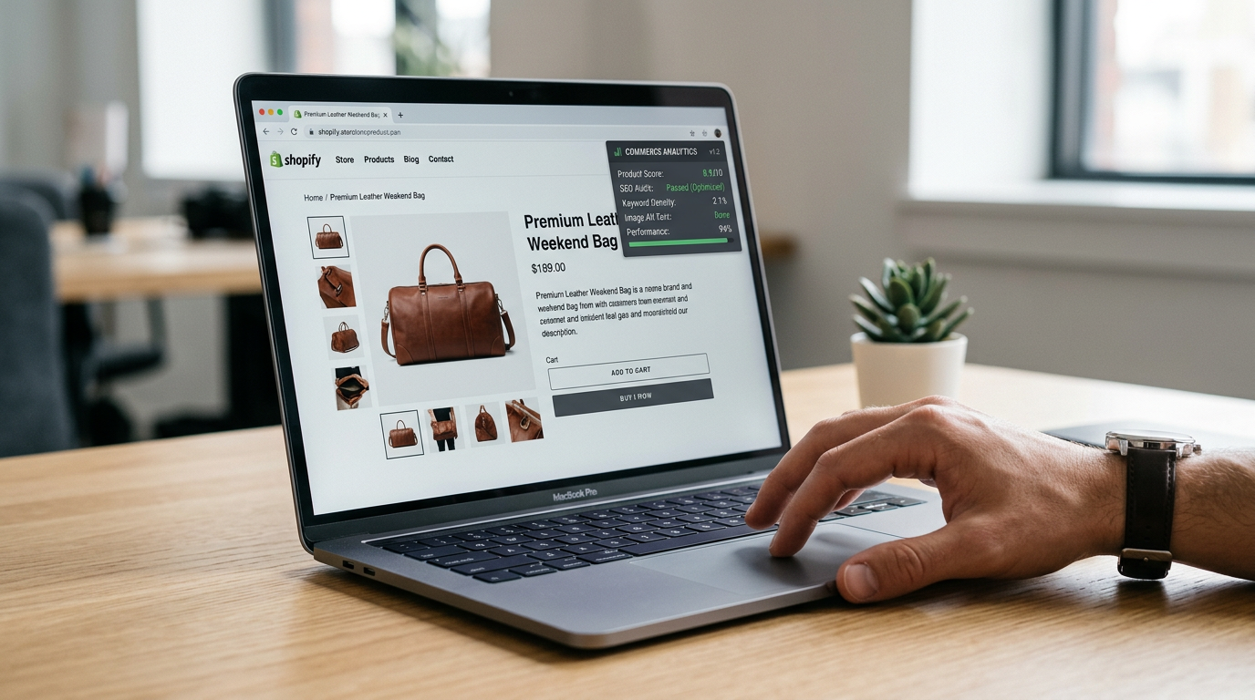 Shopify AI SEO Booster Chrome extension interface displaying features for auditing product pages and generating AI-friendly content.