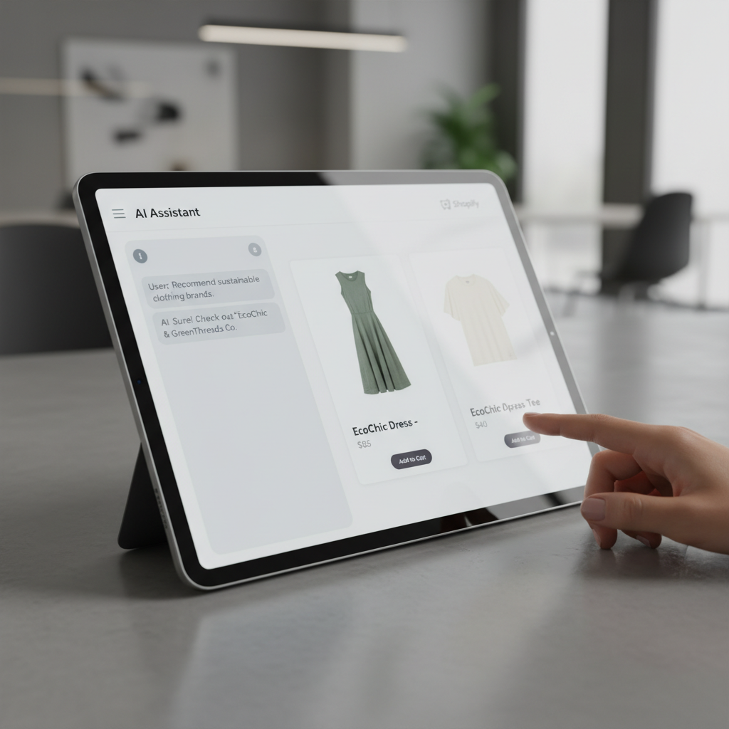 Visual representation of a Shopify Shop Campaign ad appearing within a ChatGPT conversation, showcasing AI commerce integration.