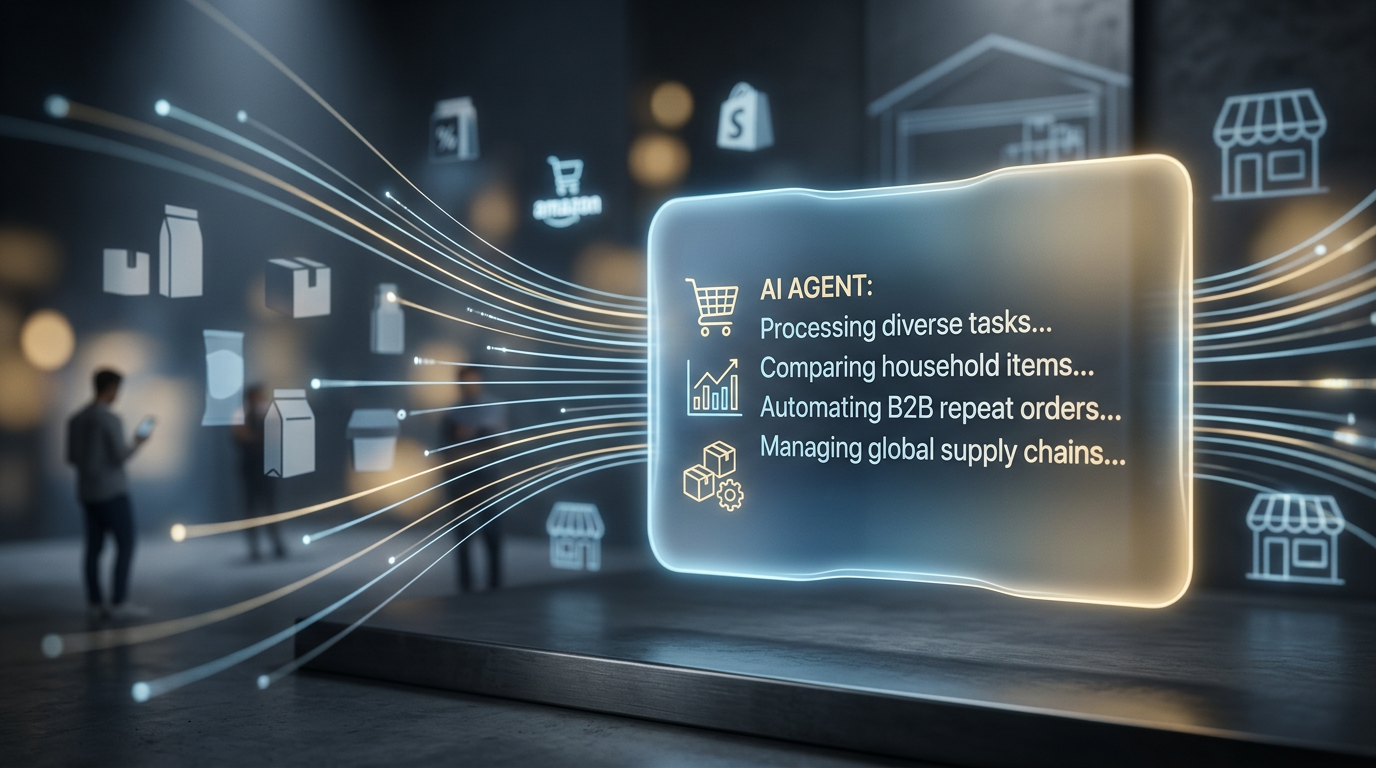 Diagram illustrating the agentic commerce ecosystem, showing AI assistants connecting consumers with Shopify merchants via conversational interfaces.