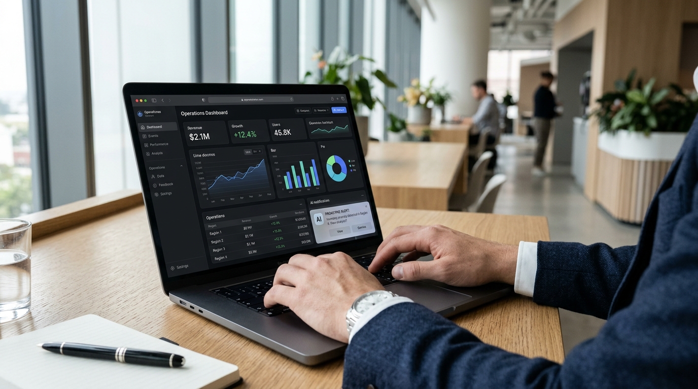 Visual representation of Shopify's expanded AI features, showing interconnected elements for content creation, smart search, and B2B commerce.