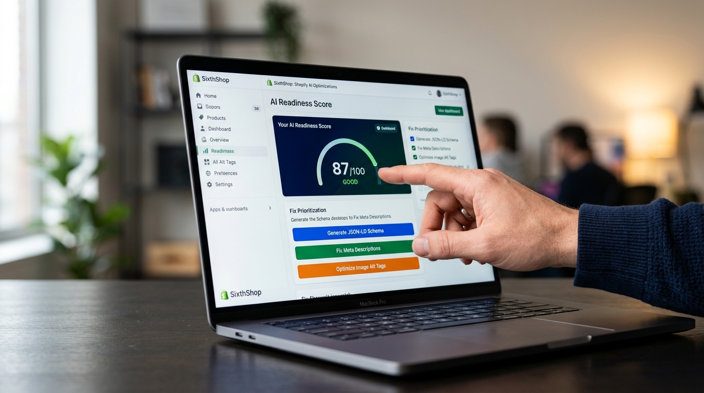 Infographic illustrating the significant increase in AI-driven referral traffic and improved AI Readiness Score achieved by a brand using SixthShop.