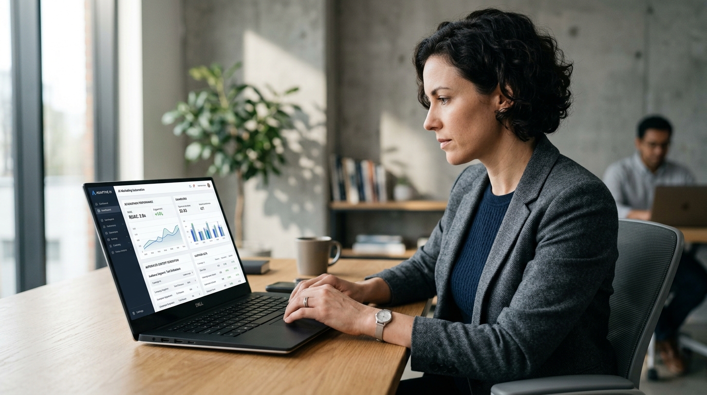 Illustration showing a small business owner leveraging AI tools to automate marketing tasks and streamline operations for growth.