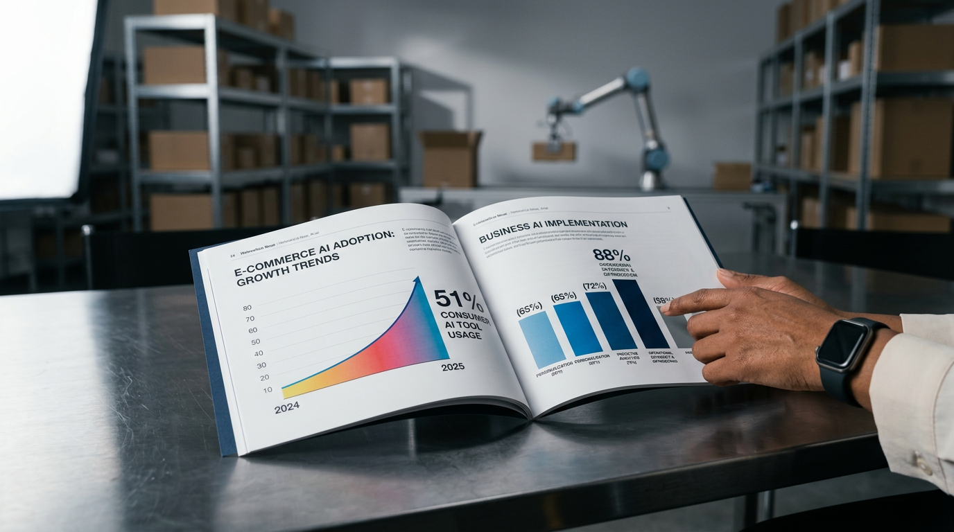 Cover image for Stord's 2026 State of AI in E-Commerce Report, illustrating the rapid adoption of artificial intelligence in online retail.