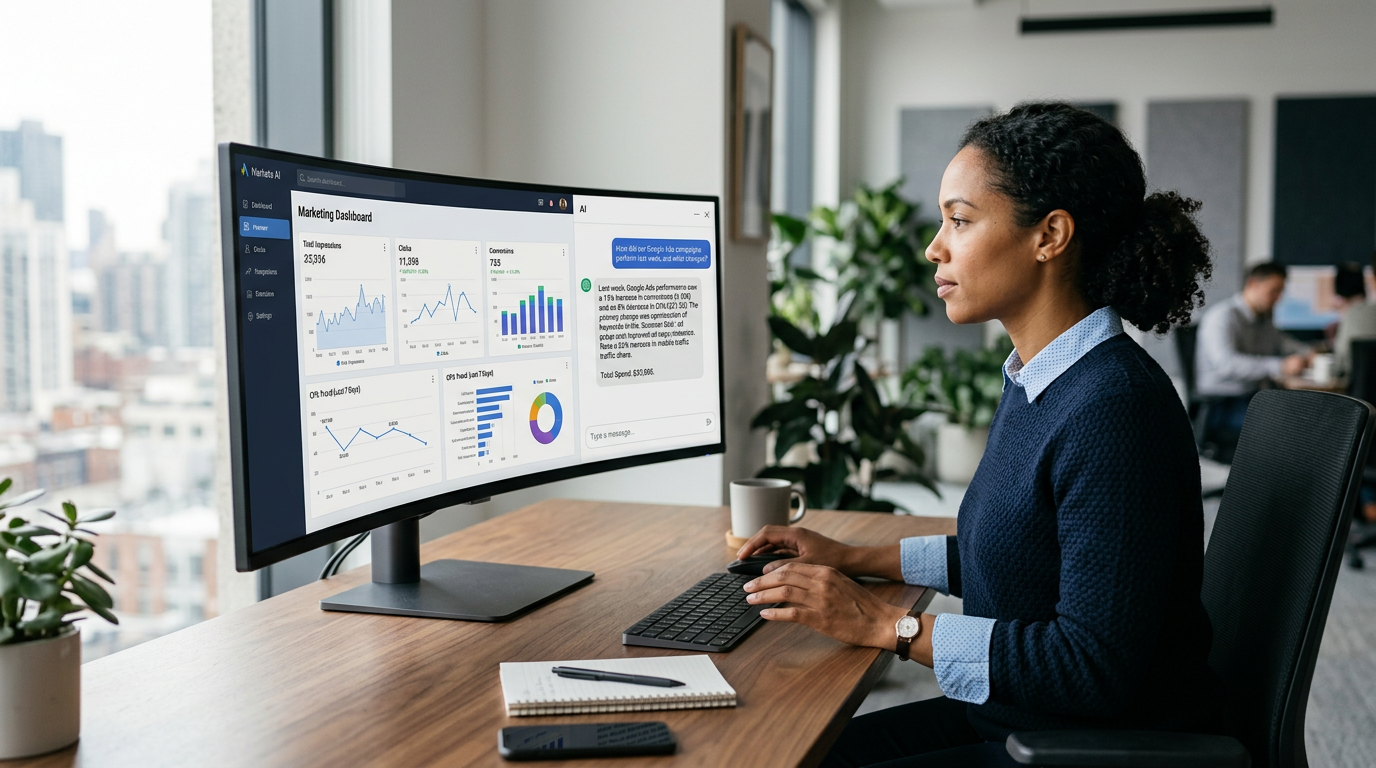 Visual representation of Supermetrics' AI agent integrating with Google Cloud, symbolizing automated marketing data reporting and intelligence.