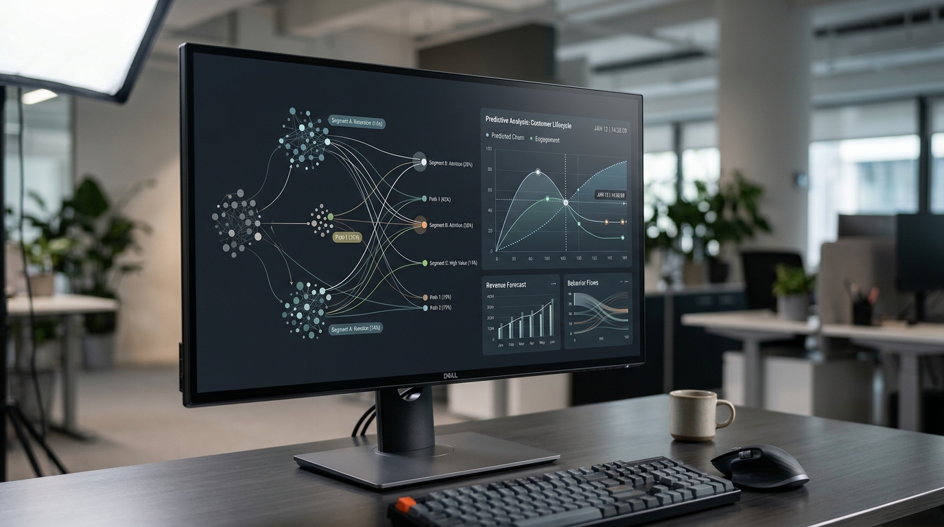 A futuristic interface demonstrating AI-powered marketing automation for Shopify, showing data insights and customer journey mapping.