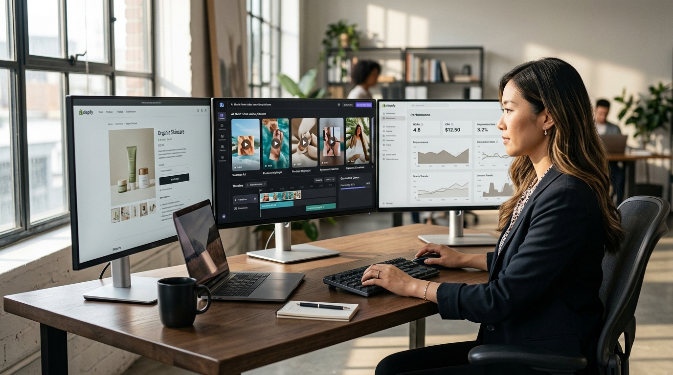 ROAS Suite AI platform interface showing a product URL being input to generate a video ad for e-commerce brands.