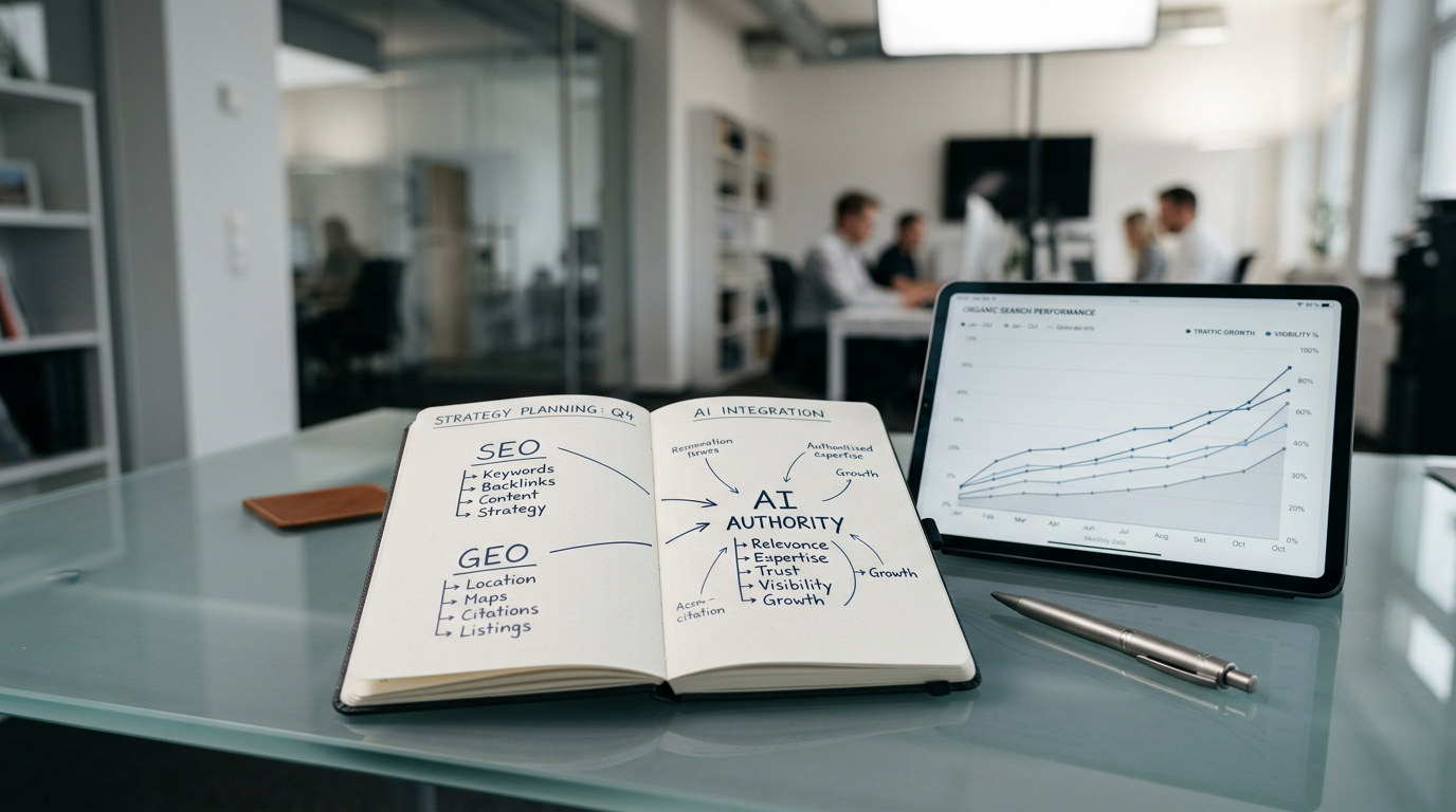 Viacon's Generative Engine Optimization (GEO) service components: structured content, entity authority, citation strategy, and technical optimization.